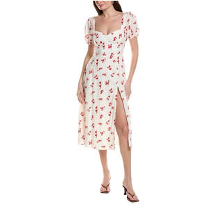 Bardot NWT White Floral Print Midi Dress 8 Puff Sleeve Slit Resort Vacation